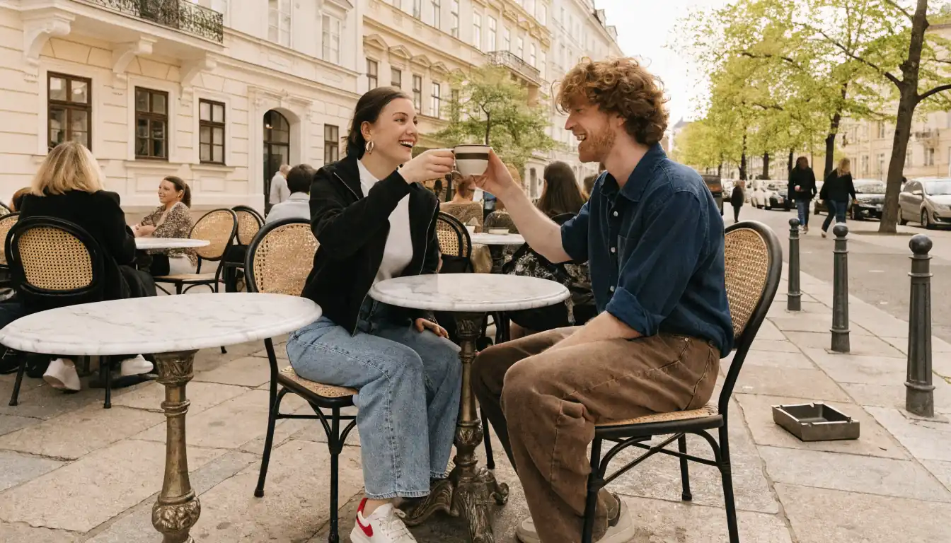 Junge Menschen feiern in einem Wiener Café bei Tageslicht