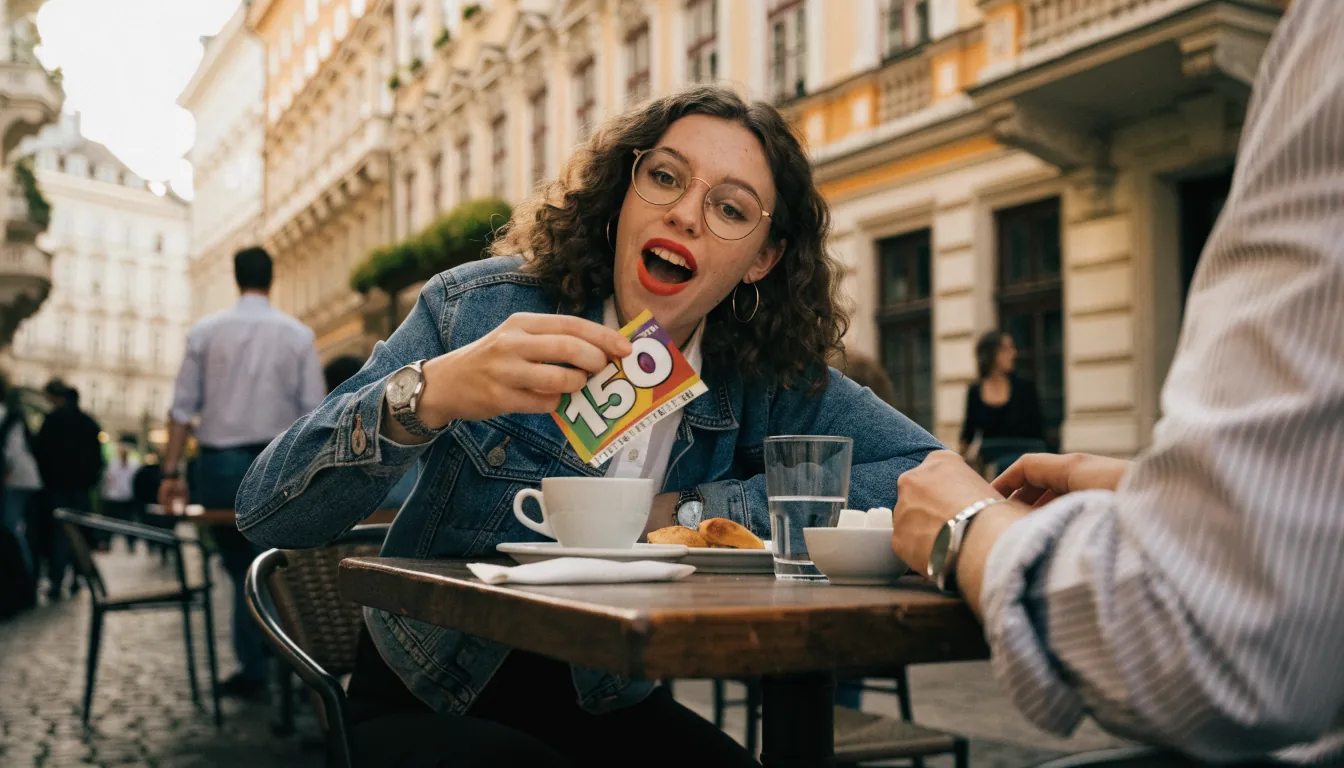 Junge Frau mit 150 Freispiel-Lotterie im Café, Wien im Hintergrund