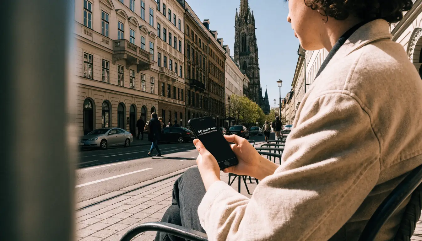Junger Mensch am Wiener Café mit Smartphone und 50‑Euro‑Bonus‑Benachrichtigung.