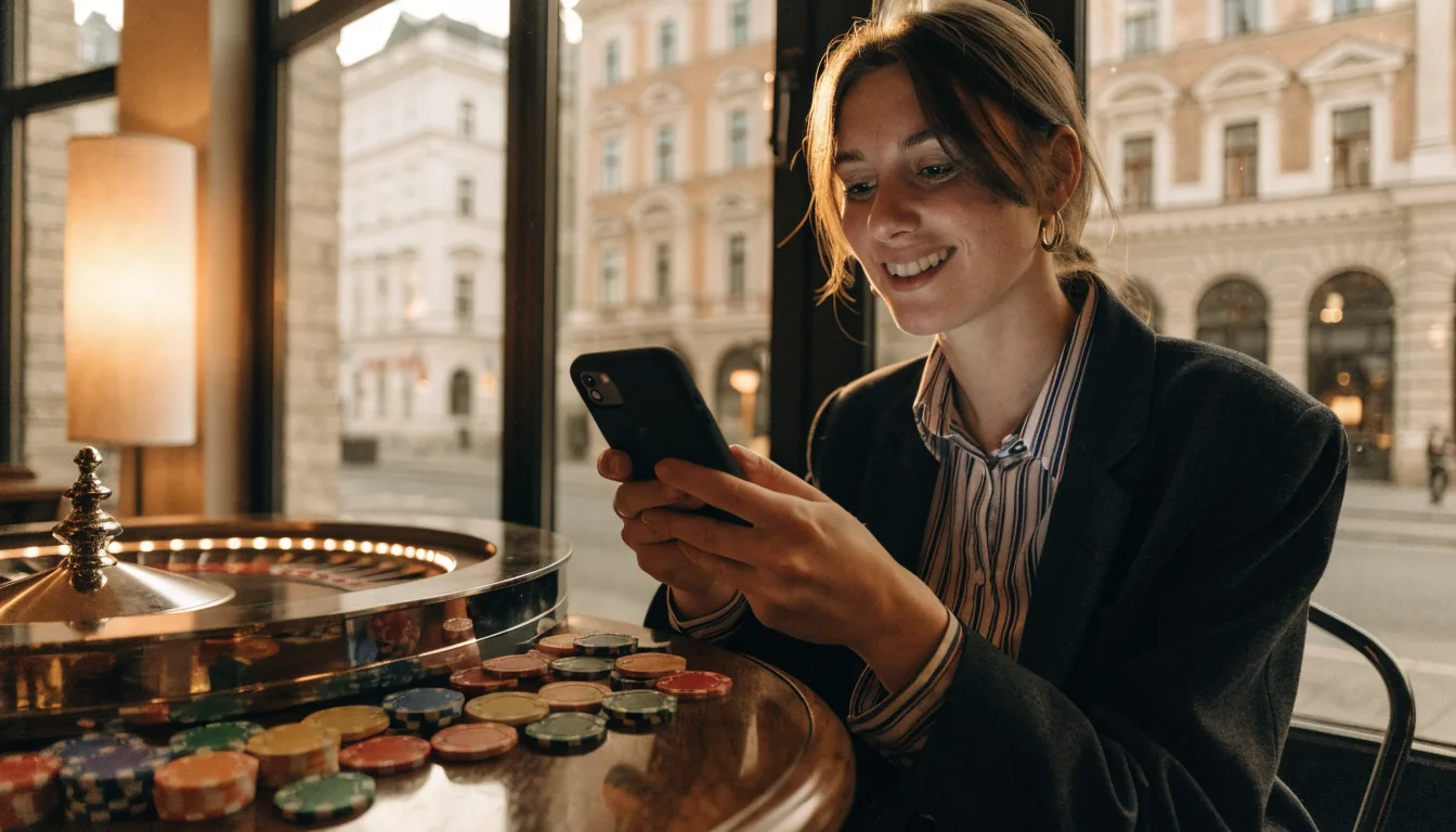Junge Frau in Wiener Café mit Spielchips und Roulette