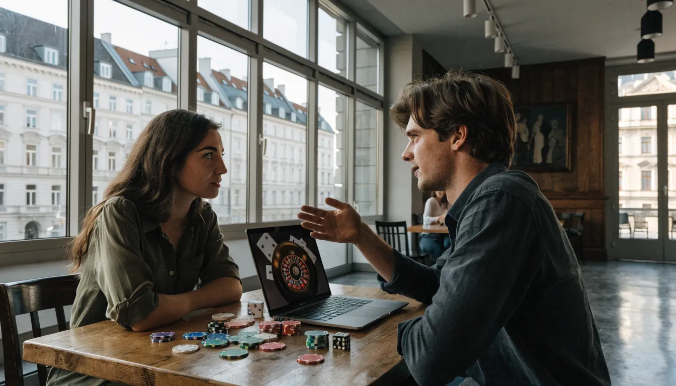 Modernes Wiener Café mit Casino-Elementen im Hintergrund
