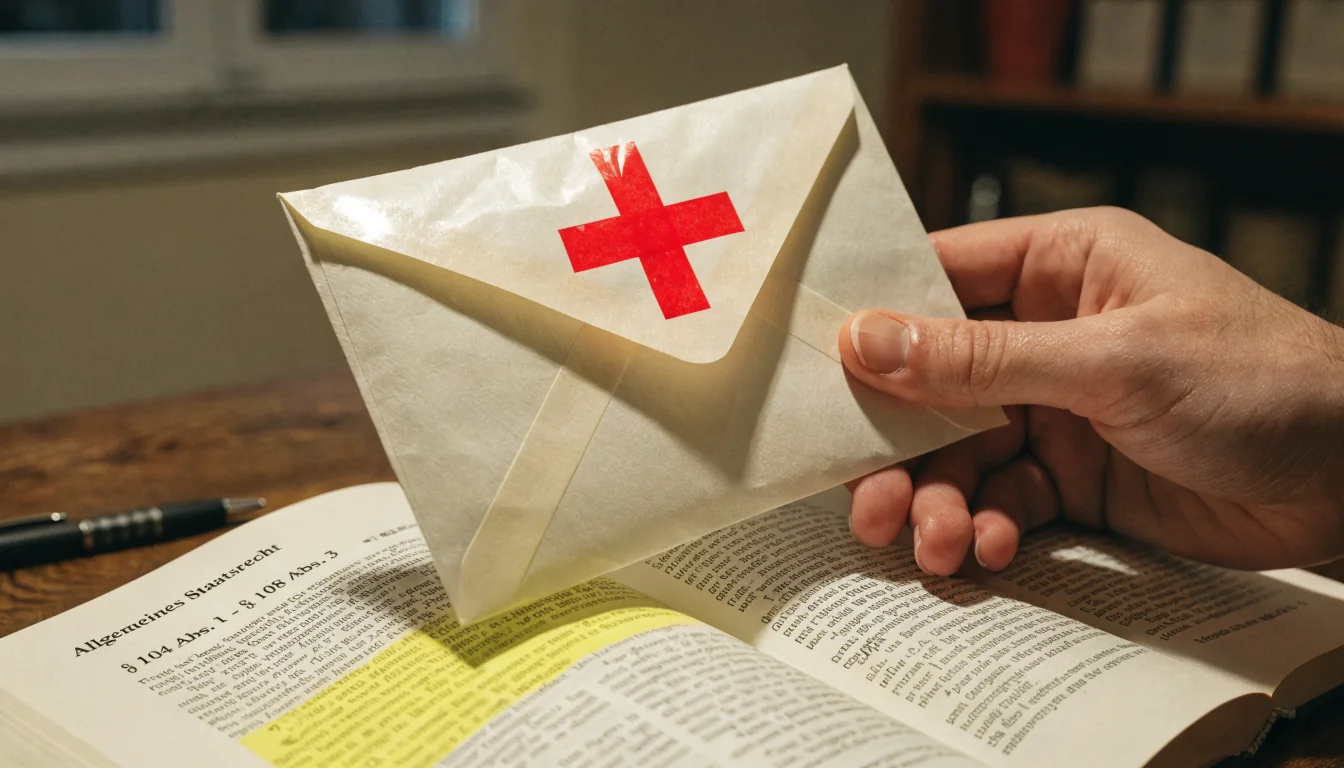 Hand hält versiegelten Umschlag neben österreichischem Gesetzbuch