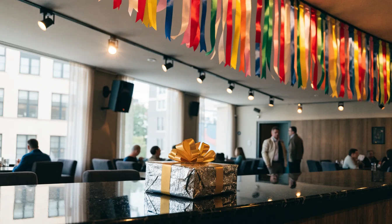 Bunte Schleifenbanner und Geschenkbox in Casino-Lounge