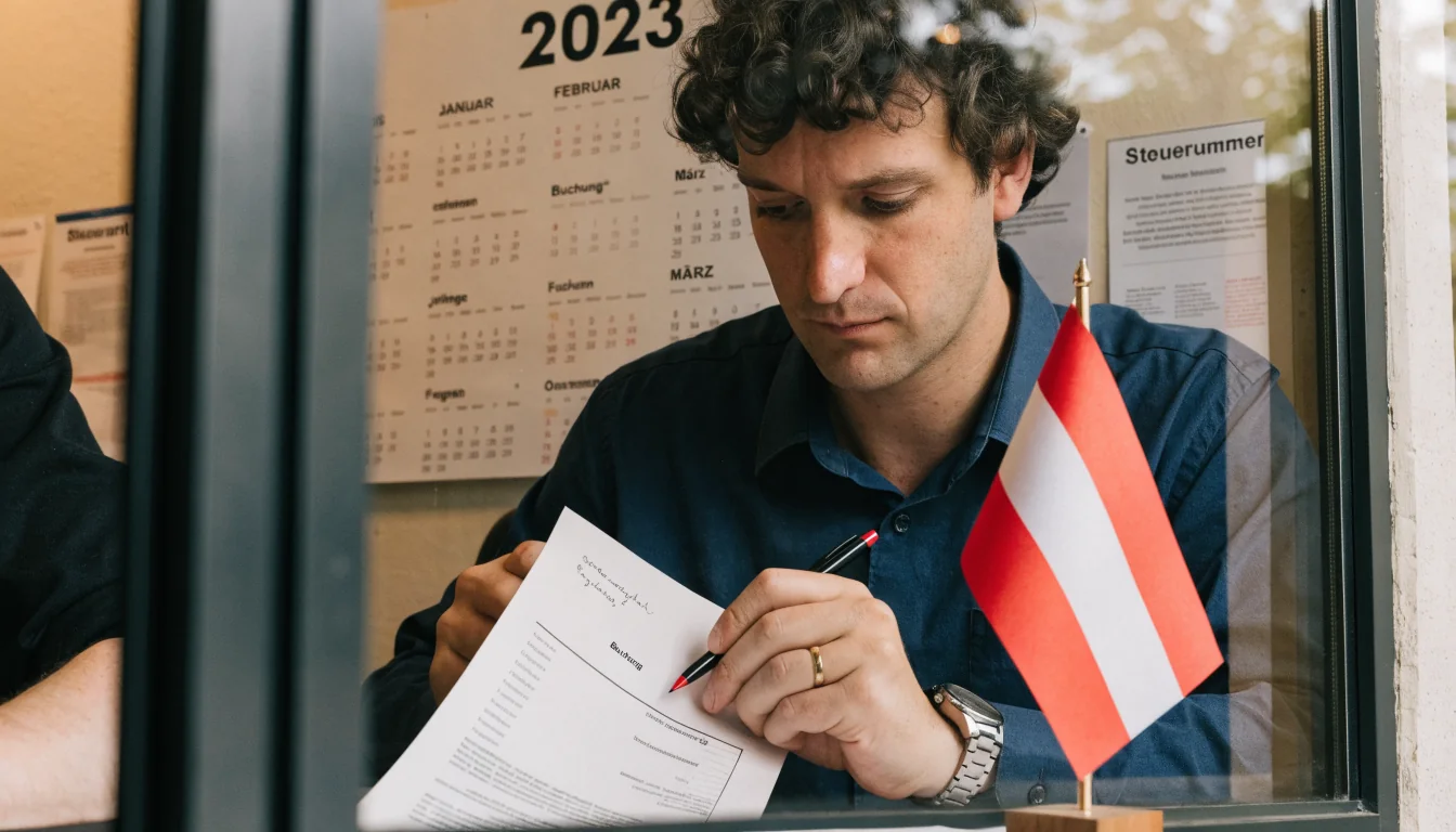 Mitarbeiter schreibt Quittung in österreichischem Finanzamt